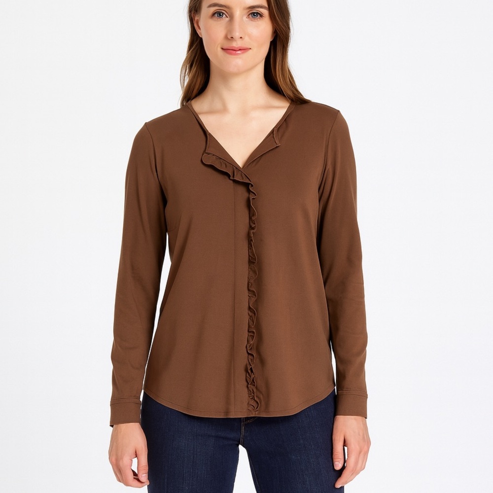 Chico's Brown Ruffle V-Neck Long Sleeve Blouse Top Size 0 (S) Suede-Like